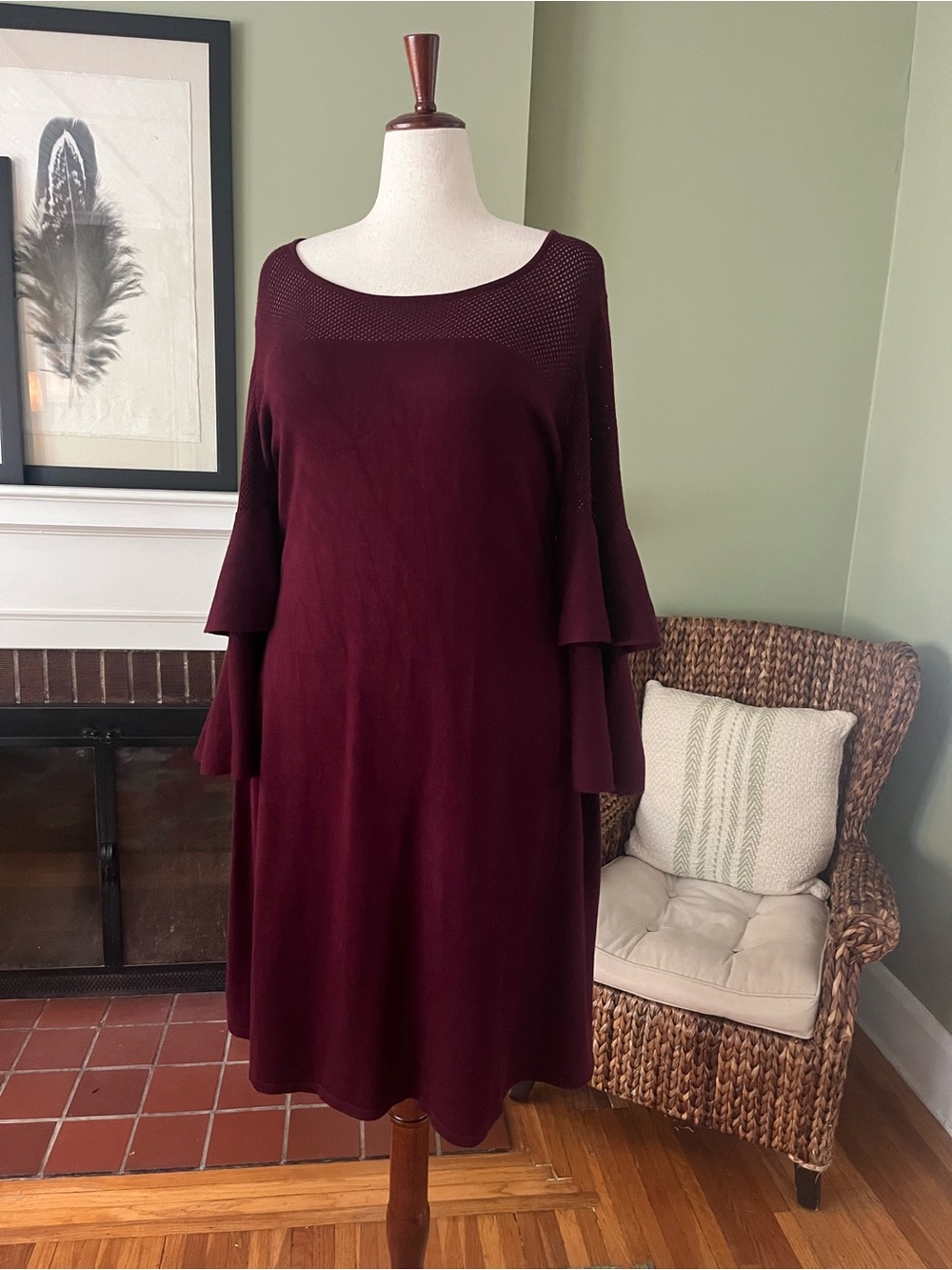 Lane Bryant Dark Plum Openwork Knit Bell Sleeve Sweater Dress 18/20